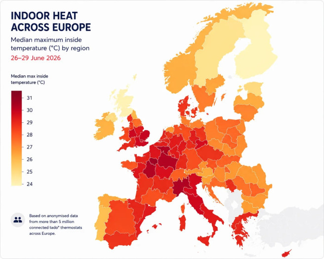 Die Hitze in den Haushalten Europas am letzten Wochenende im Juni 2026 (Bild: Tado)